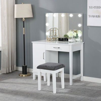 White And Dark Grey Bedroom Vanity With Stool, Drawer Side Cabinet, 51.89 Inches High, 36 Wide, 19 Deep Lighting, Cabinet For Decor, Tall, Wide