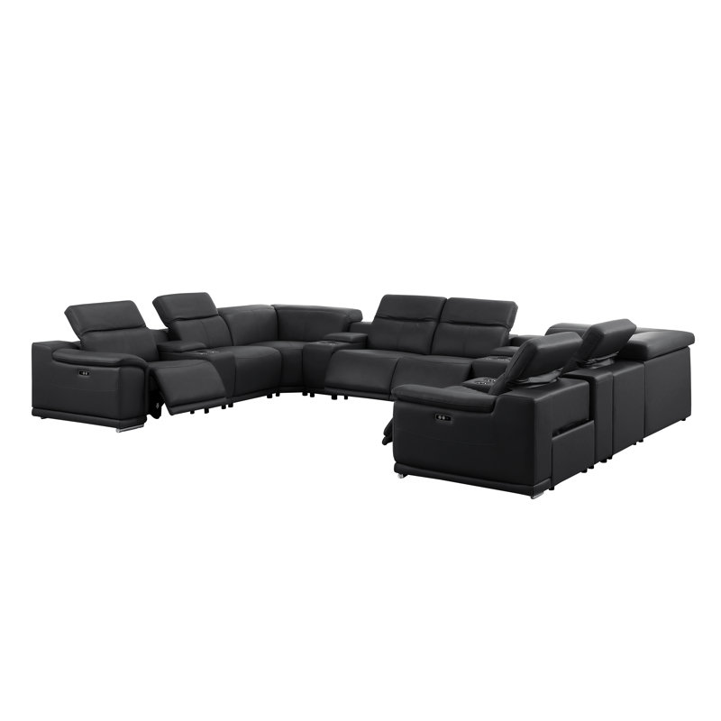 12-Piece U-Shaped Power Reclining Sectional In Genuine Leather – 4 Recliners, Black Top Grain Leather