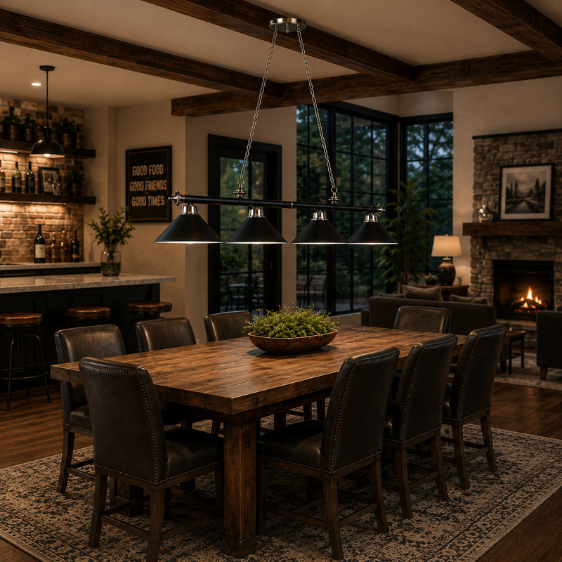 Luminaire suspendu linéaire à 4 lumières pour table de billard Bowdon, Noir mat, acier inoxydable