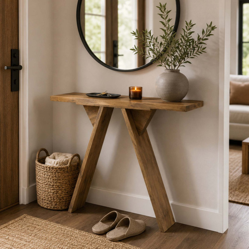 Console, table d'entrée étroite de 43,4 pouces de long avec base en forme de V, console de canapé rustique pour le couloir, le salon, le canapé derrière