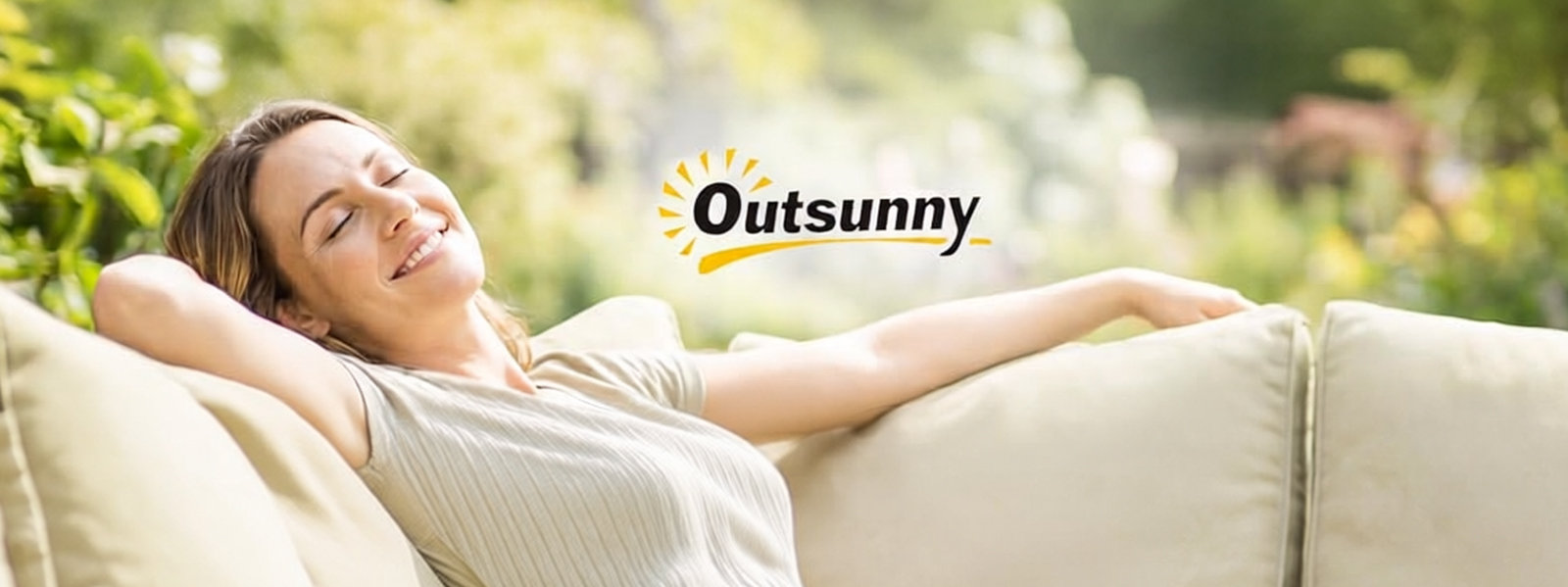 A woman relaxing on comfortable outdoor furniture with the Outsunny brand logo in the background.