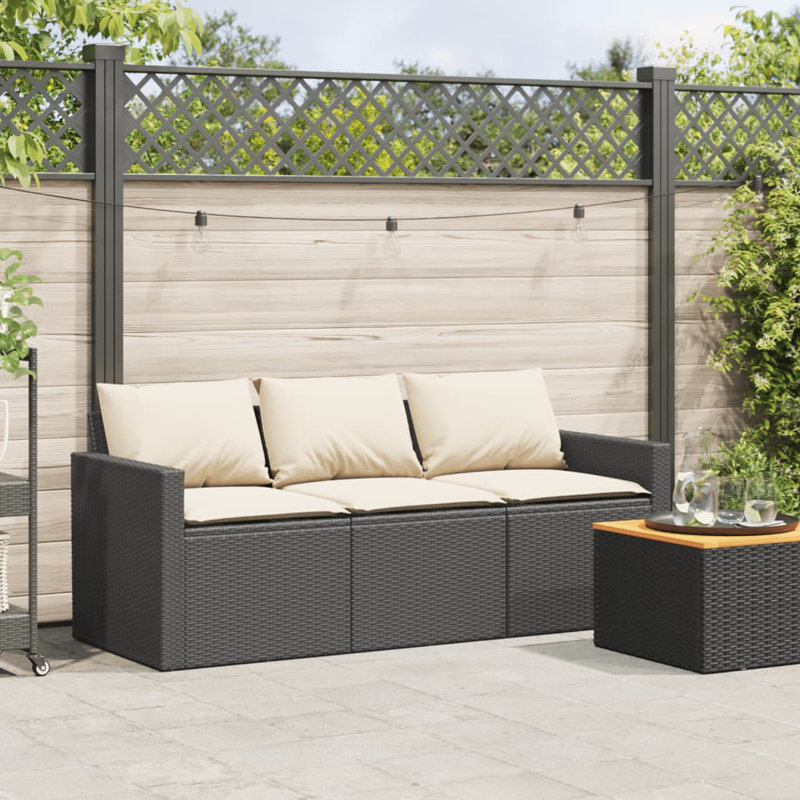 Canapé de patio en rotin 3 places Ebern Designs, Blanc crème, Noir