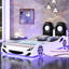 Lit simple blanc en forme de voiture de course avec coussin de dossier à DEL et moelleux - Espace pour tête de lit confortable-137284113