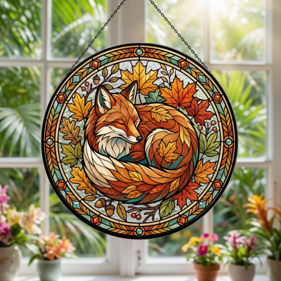 Autumn Fox Stained Glass Window Panel，7.8H
