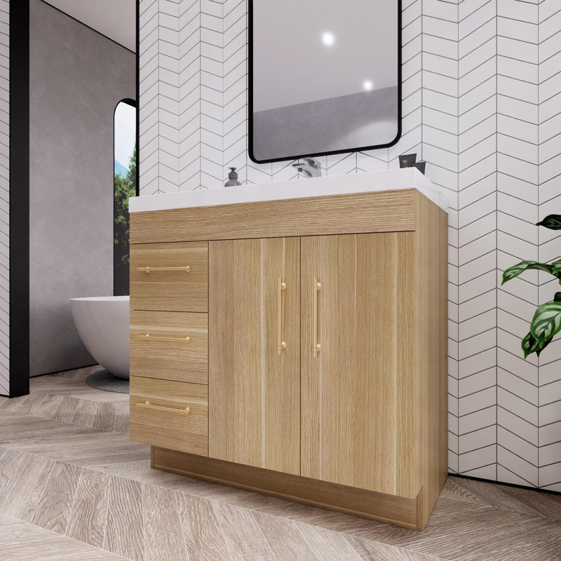 Maplesville Single Bathroom Vanity with Acrylic Top, Champagne Oak
