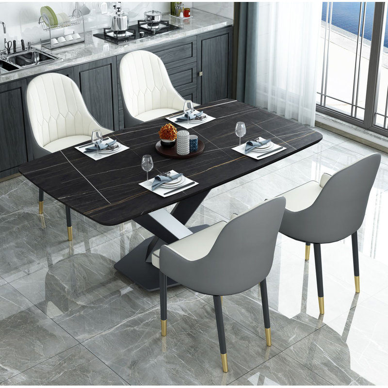 Whitewell Stone Top Solid Wood Base Dining Table, Black