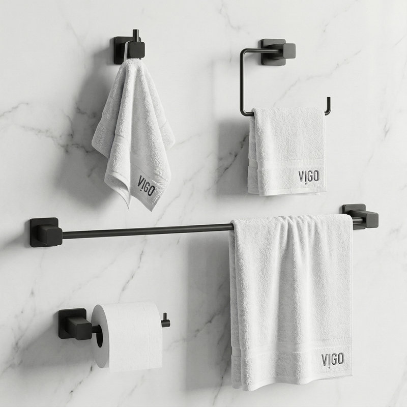 VIGO Meridian 4-Piece Matte Black Bathroom Hardware Set with 24-in Towel Bar, Toilet Paper Holder, Hand Towel Holder and Hook