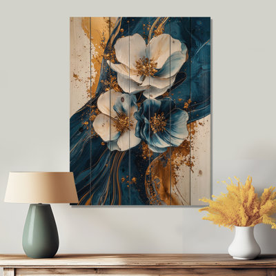 Petunias Flowers On Aqua River Of Marble III - Petunias Wood Wall Decor - On Natural Pine Wood