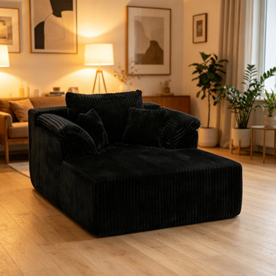 Black 60 Inch Indoor Chaise Lounge Chair, Oversized Boneless Corduroy Upholstered Sofa Bed, Deep Seat Cloud Couch Reading Sleeper Chair, No Assembly Needed for Living Room & Dorm
