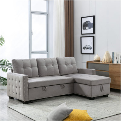 77 Inch Reversible Sectional Storage Sleeper Sofa Bed , L-Shape 2 Seat Sectional Chaise With Storage , Skin-Feeling Velvet Fabric ,Light Grey Color For Living Room Furniture