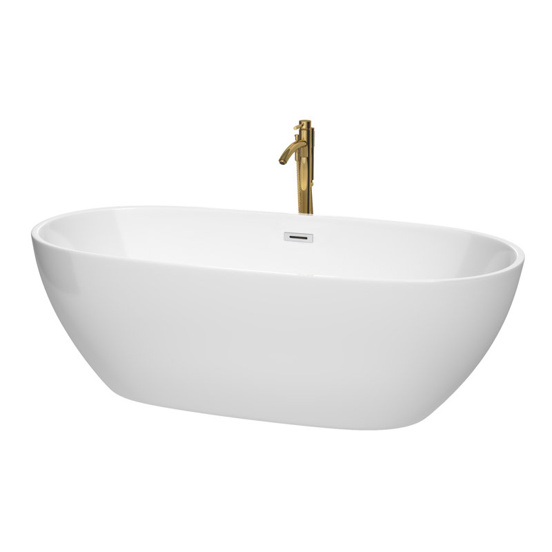 Baignoire de trempage autoportante en acrylique avec robinet 71 po. X 32 po. Juno, Blanc / chrome poli / or brossé