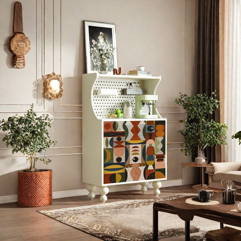 Armoire d'appoint polyvalente à motif abstrait Art, Blanc / Blanc