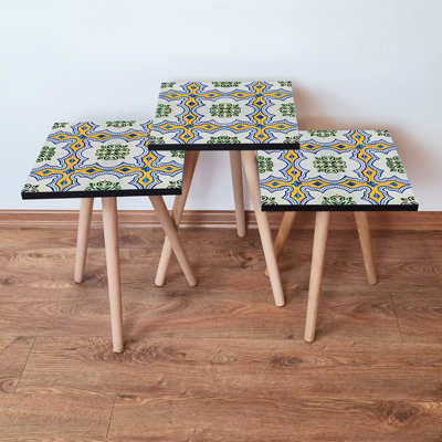 Elegant Nesting Table Set (3 Pieces), Ethnic Geometric Design, 100% MDF with Beech Wood Legs | Large Table: 13.8 x 20.5 x 13.8 in, Medium Table: 13.8 x 18.5 x 13.8 in, Small Table: 13.8 x 16.5 x 13.8 in | Stylish & Functional for Living Room & Office