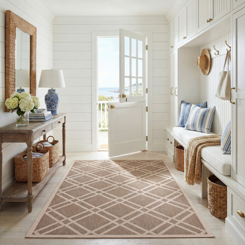 Arneshia Geometric Brown/Bone Indoor/Outdoor Area Rug, Rectangle 5'3" x 7'7"