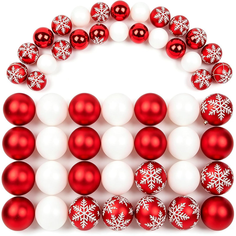 Boules de Noël rouges et blanches - Ensemble de décorations incassables | Matériau en plastique incassable, thème classique rouge et blanc, suspension facile pré-câblée, conception légère et sécuritaire pour les branches.