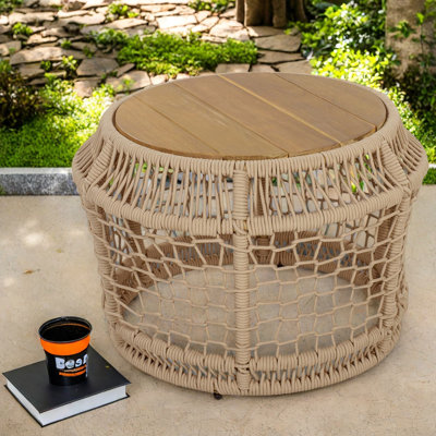 Tables de patio modernes, table d'appoint ronde en bois d'acacia et corde, 68 kg, jardin