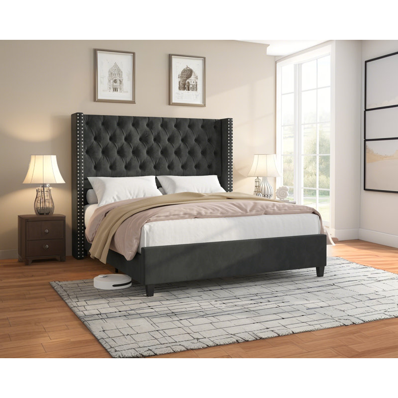 Black Velvet Queen Bed Frame with Tufted Upholstered Headboard
