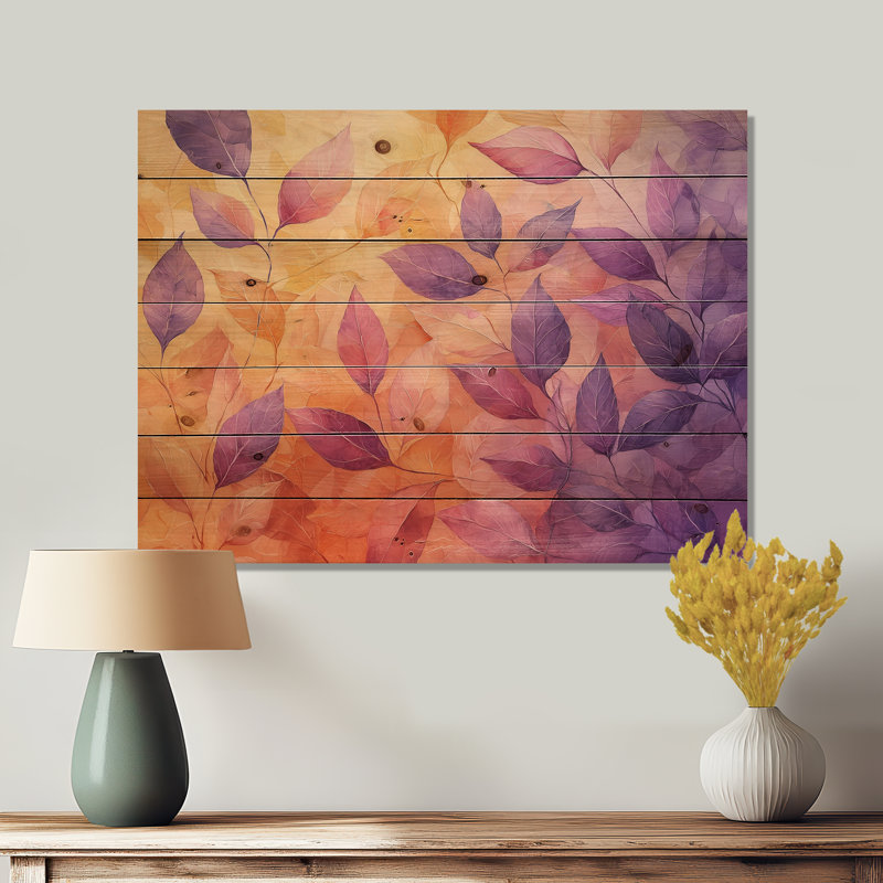 Coucher de soleil sur feuilles I, art mural sur bois de pin naturel, H 24 po x l 32 po