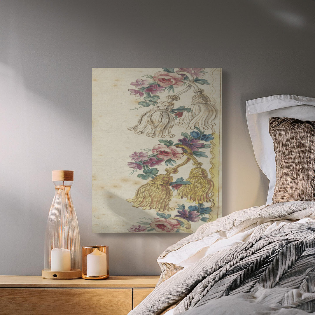 Elegant Vintage Floral Tassel Herr Print, Rococo Botanical Decor, Grandmillennial French Country Aesthetic Canvas Gift