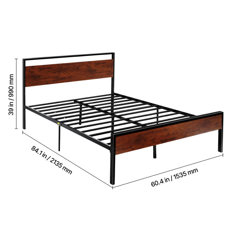 Queen Size Bed Frame, 14 Inch Black Metal Platform Bed Frame with Retro Brown Wooden Headboard and Footboard, Large Under-Bed Storage, Non-Slip Without Noise, No Box Spring Needed, Easy Assembly