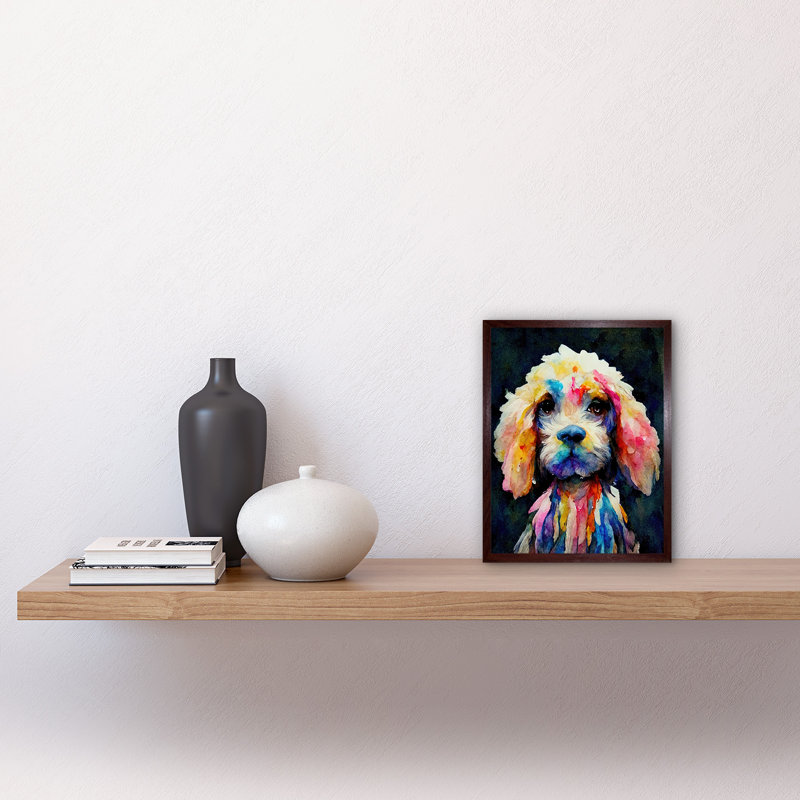 Abstract Colourful Dog Spaniel Cavapoo Cockapoo - Print, 25.9cm H x 20.6cm W, Brown Framed Paper