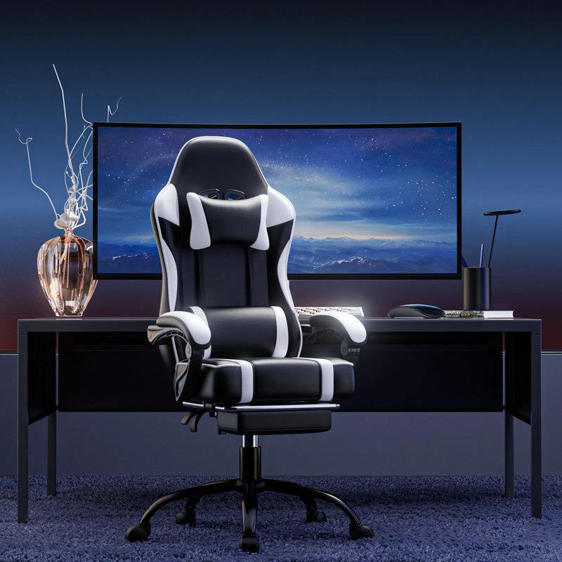 Adjustable Pu Leather Gaming Chair With Lumbar Support & Reclining Footrest – Ergonomic Comfort For Long Sessions, White