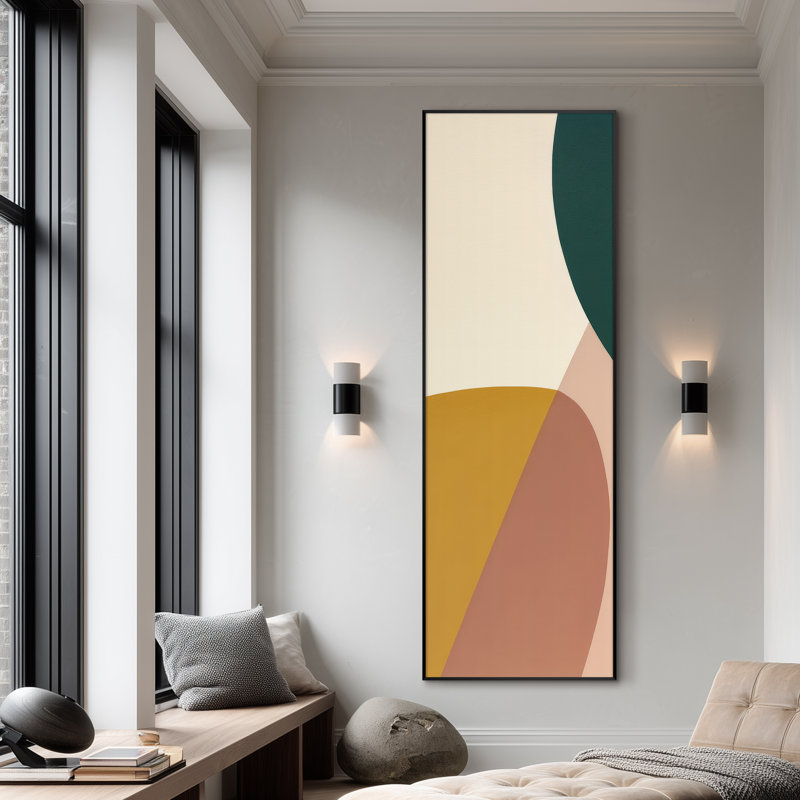 Très grande reproduction d'art abstrait géométrique minimaliste - moutarde, rosé et vert, décor Mid-Century moderne pour le salon ou la chambre à coucher, assemblage requis
