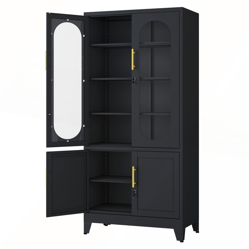 Rectangular Glass and Metal Lockable Iron Cabinet, Noir