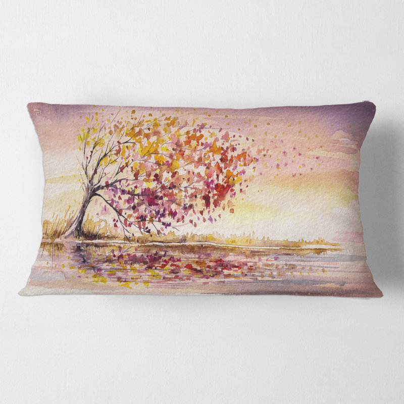 Rectangle, arbre d'automne jaune et orange - coussin décoratif traditionnel