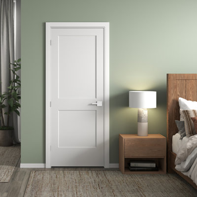 Porte intérieure pré-suspendue à droite 32 po x 80 po avec ensemble de poignées démontables et charnières en nickel satiné, porte intérieure à panneau creux à 2 panneaux avec alésage et charnière pour porte de salle de bain, garde-manger, porte intérieure de buanderie