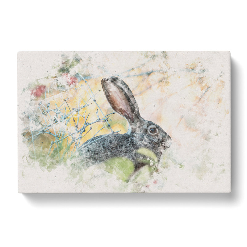 Hare In The Bushes Watercolour - Wrapped Canvas Print, 60cm H x 91cm W x 3cm D