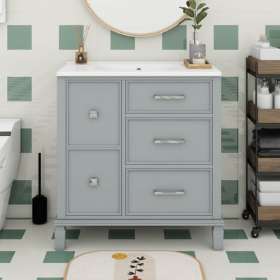 Meuble-lavabo de 30 po avec lavabo en céramique, armoire sur pied avec pieds en bois massif, tiroir escamotable et trois tiroirs à fermeture en douceur
