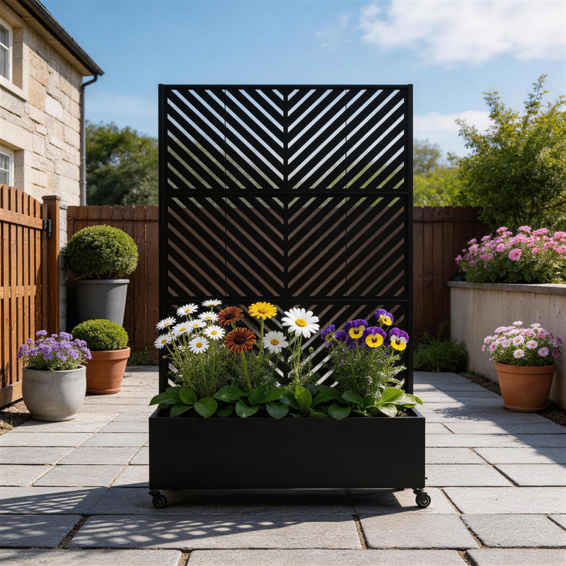 Boîte à fleurs en métal avec treillis et roues Orin, H 70,8 po x l 47,2 po x P 15,7 po, Black