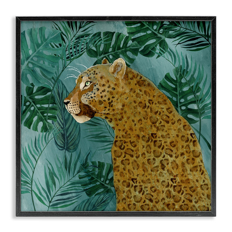 «Monstera & Palms Cheetah», art de la giclée encadrée par Janet Tava, H 12 po x l 12 po, Giclée encadrée noir minuit