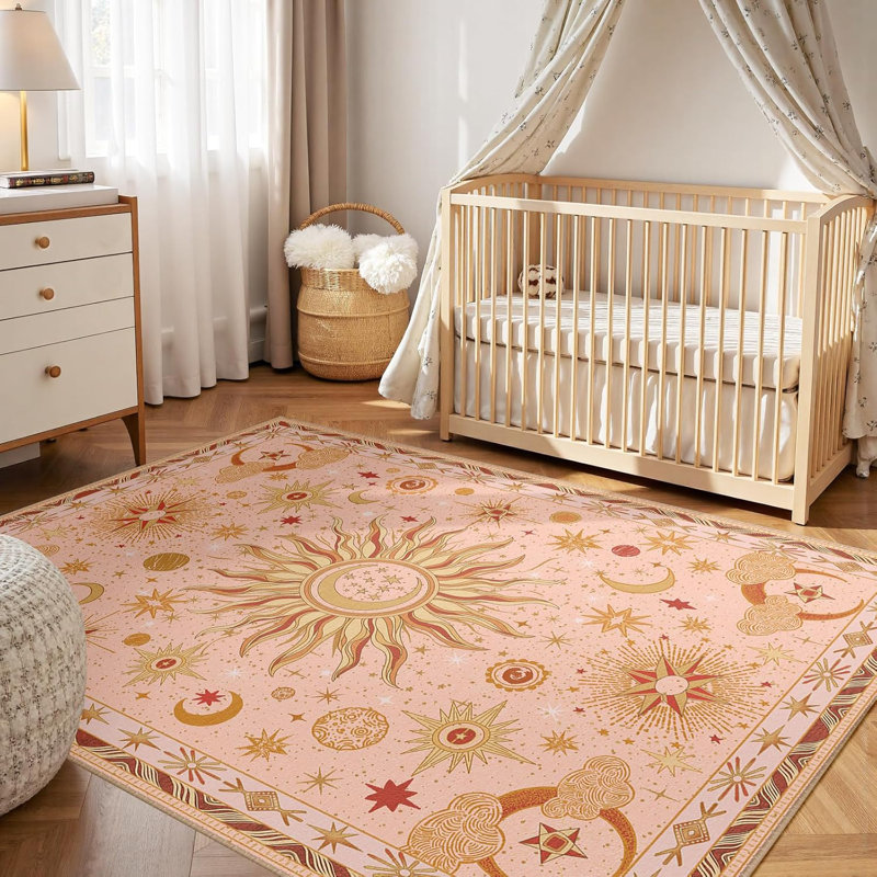 5X7 Area Rugs, Washable Vacuum-Friendly Non-Slip Rug Vintage Boho Sun And Moon Printed Pattern Low Pile Carpet For Living Room Bedroom Dining Room Hallway Entryway,Pink Gold Beige Red