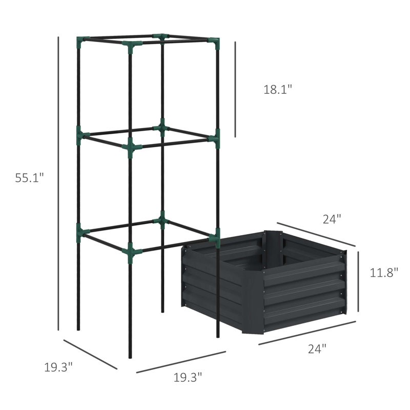 Lit de jardin surélevé en acier galvanisé avec cage à treillis réglable pour plantes grimpantes, drainage optimisé et croissance élevée sans mauvaises herbes.