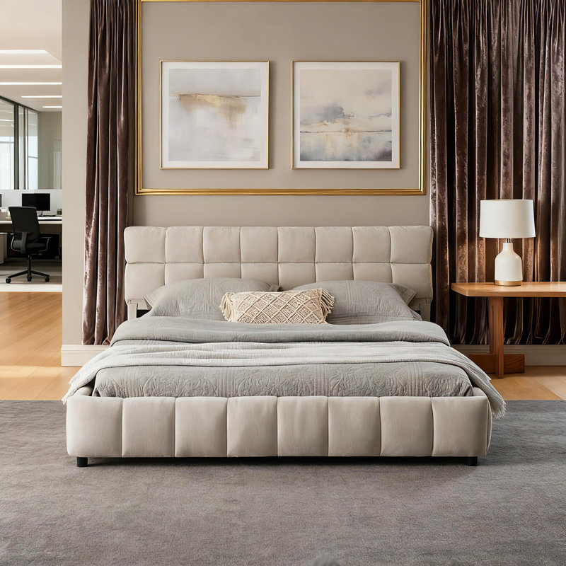 Grand lit tapissier, cadre de lit rembourré confortable, tissu chenille, avec tête de lit et cadre de lit solide. Avec tiroir pour le rangement - beige (88,5 po x 68,5 po x 31 po)