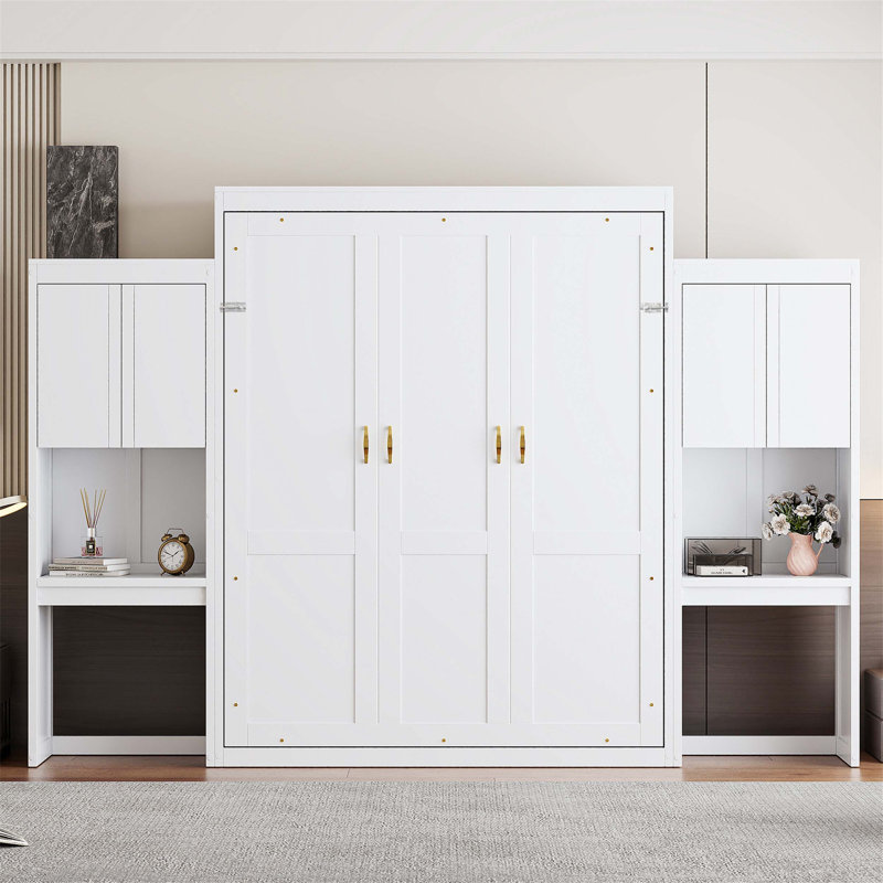 Grand lit escamotable avec bureau, coiffeuse et armoires, peu encombrant et multifonctionnel pour la vie moderne, Blanc
