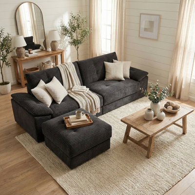 Canapé modulaire en forme de L avec repose-pieds - canapé-lit en velours côtelé à assise profonde, conception en mousse tout nuage (sans assemblage), housses amovibles lavables, noir