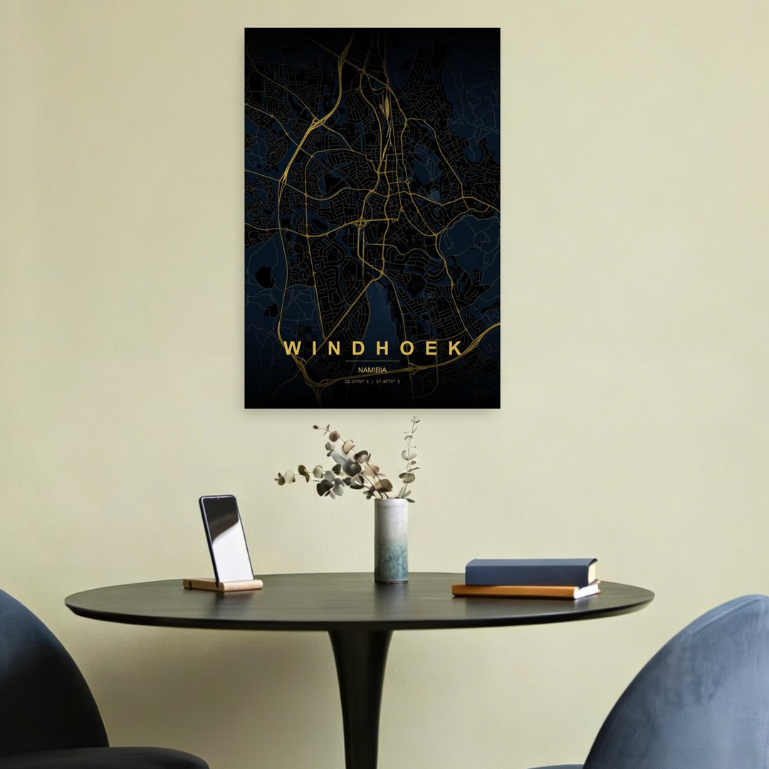 Windhoek Golden City Map Abstract Elegant Minimalist City Wall Art Print