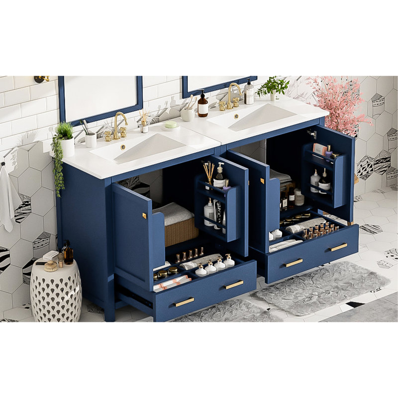 Blue 60" Bathroom Cabinet With Double Sinks & Stylish Appearance - Transform Your Decor Vanity Vanities Secure Storage Items