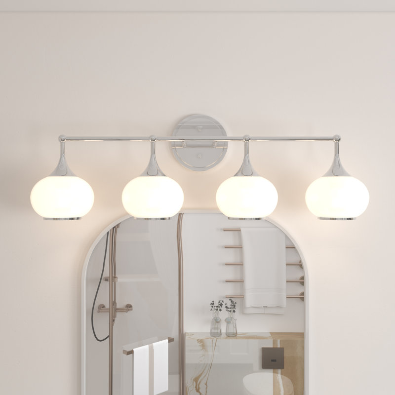 Dimmable Bathroom Wall Light with White Glass Shades, 27cm H x 81.9cm W x 18.9cm D , 4, Chrome