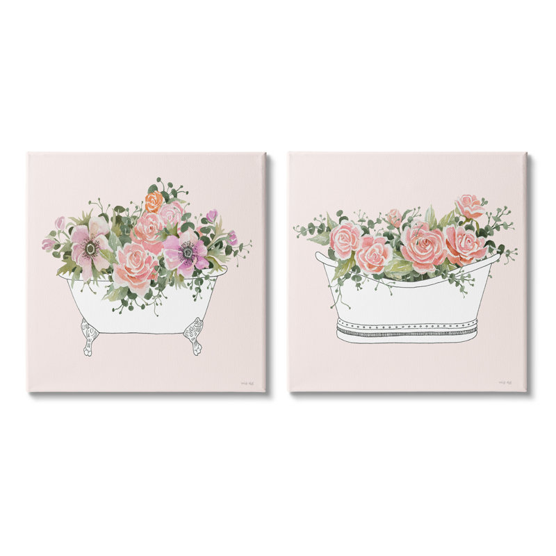 «Pink Floral Rose Blooms Bathaign Bath botanicals», ensemble de 2 impressions sur toile tendue, H 24 po x l 48 po x P 1,5 po