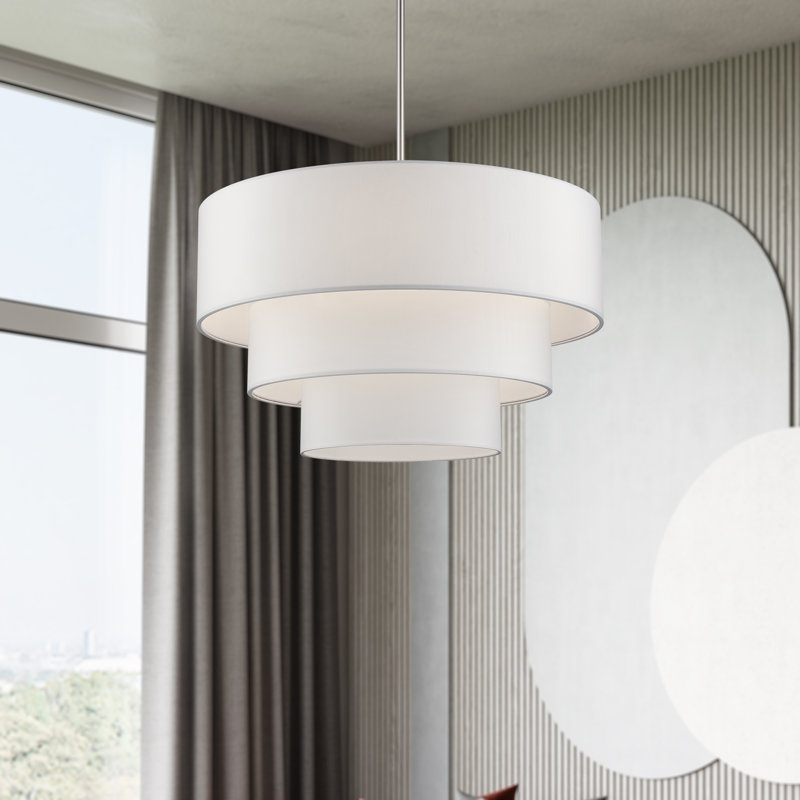 5 Light Bronze Medium Pendant Chandelier With Hand Crafted Off-White Fabric Hardback Shades, 5, Brushed NIckel