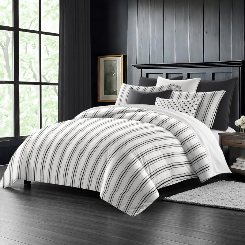 August Stripe Reversible Cotton Duvet Cover Set, Cal.King Duvet Cover + 2 King Shams, Ebony