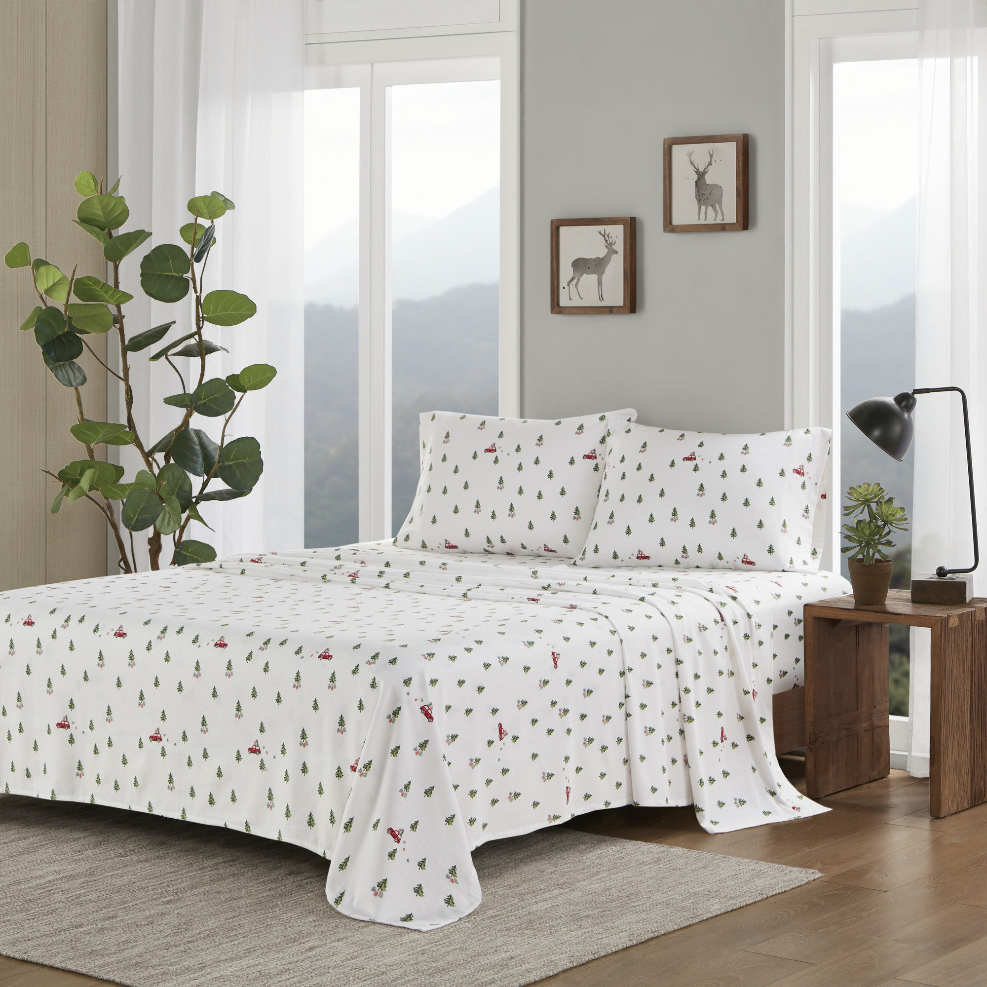 Woolrich 100% Cotton Flannel Sheet Set, Green Tree Trip, California King Sheet Set with 2 Pillowcases