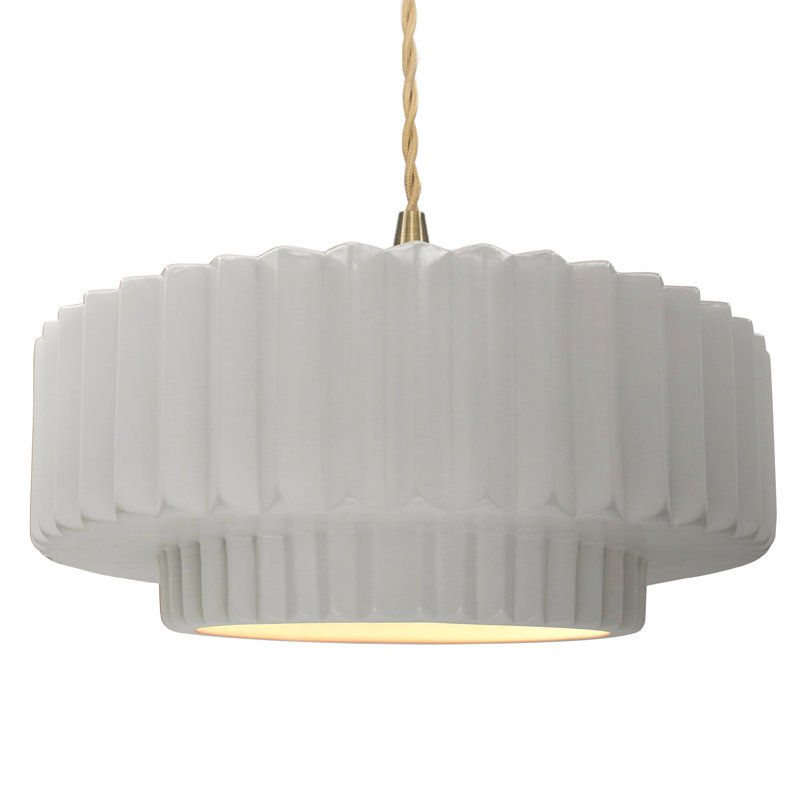 Luminaire suspendu tambour en céramique et en métal 1 lumière Gela, H 6 po x l 16,25 po x P 16,25 po, Bisque, Nickel brossé