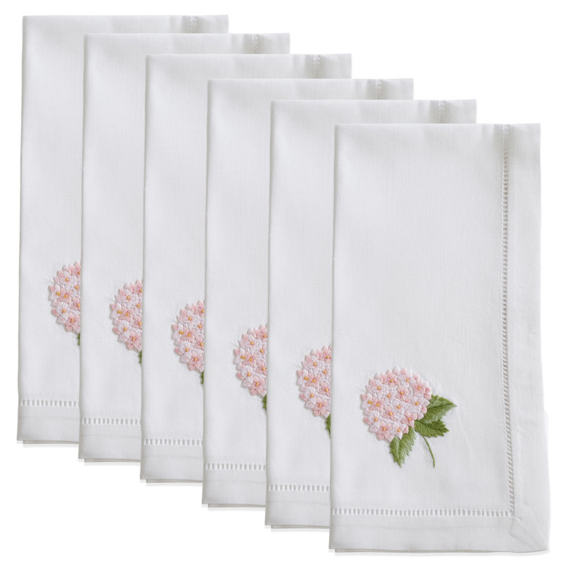 Serviette de coton 20 po avec hortensia brodée point ajouré Plympt, Blanc / Rose