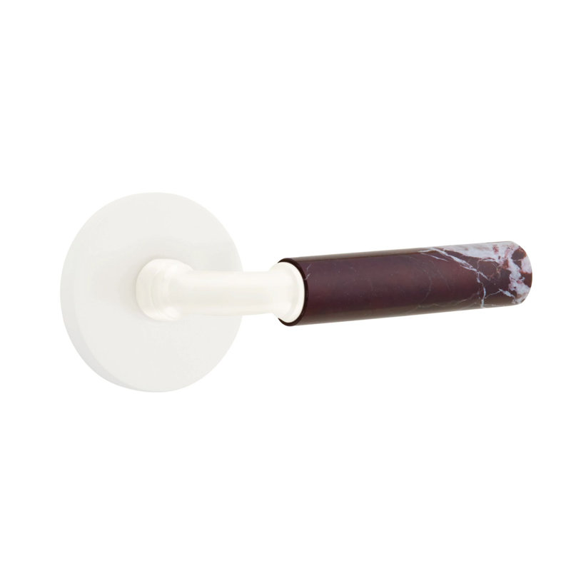 Ensemble de faux levier Emtek Select avec rosette à disque et tige R-Bar, levier en marbre Rosso Levanto, Blanc mat
