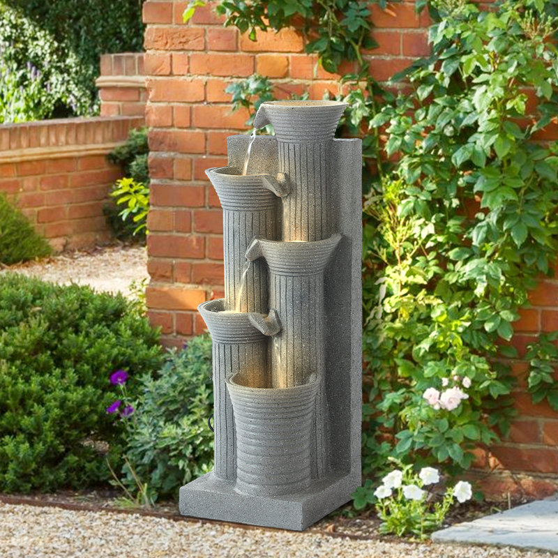 Outdoor Water Fountain, 5 Tiers Cascading Waterfall Indoor Water Feature Garden Decor With Led Lights, Patio Resin Fountains For Yard, Deck, Porch And Home, Bamboo Element